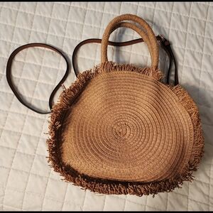 Lauren Conrad Beige Cookie Fringe WovenJute Raffia Beach Travel Crossbody